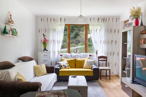 a living room with a couch and a tv at Mountain Apartment in Borovets Ski Resort in Borovets