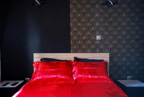 1 dormitorio con cama roja y manta roja en Studio Baignoire centre ville en Narbonne