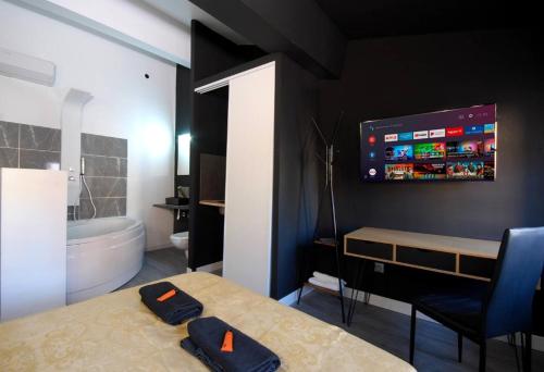 La salle de bains est pourvue d'un lit et d'une télévision murale. dans l'établissement Charmant Studio Baignoire, à Narbonne