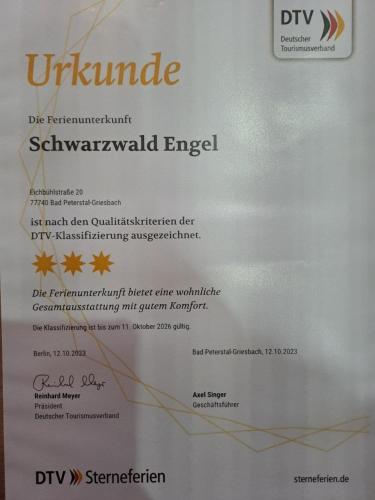 Certifikát, hodnocení, plakát nebo jiný dokument vystavený v ubytování Ferienwohnung Schwarzwald Engel