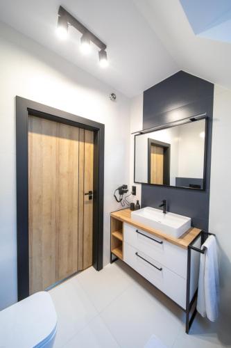 a bathroom with a sink and a mirror at Błaż Apart in Laskowa