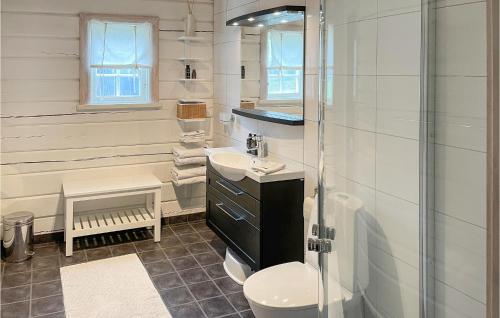 a bathroom with a toilet and a sink and a shower at Lovely Home In Mora With Sauna in Mora