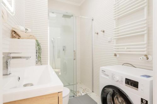 a bathroom with a washing machine and a sink at Wiktoryn 21 Citysphere Premium Suite 2 in Warsaw