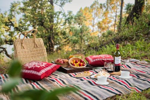 coperta da picnic con una bottiglia di vino e un cesto di frutta di Kot Kailash Kumaon ad Almora