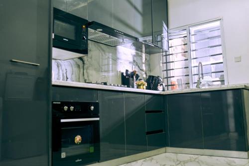a kitchen with green cabinets and an oven at aPogee Home in Abuja