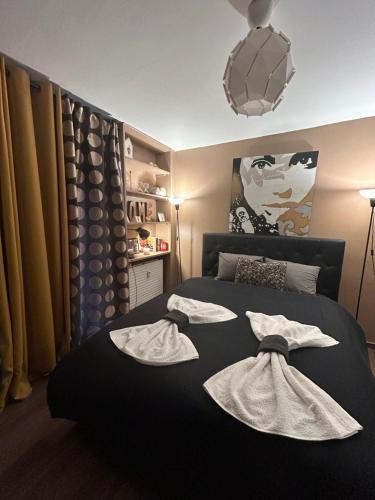 a bedroom with a black bed with towels on it at Appart & Studio Hyper Centre de Strasbourg - Proche Cathédrale & Petite France in Strasbourg