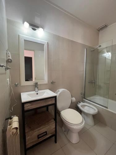 a bathroom with a toilet and a sink and a shower at Este Apart in Bahía Blanca