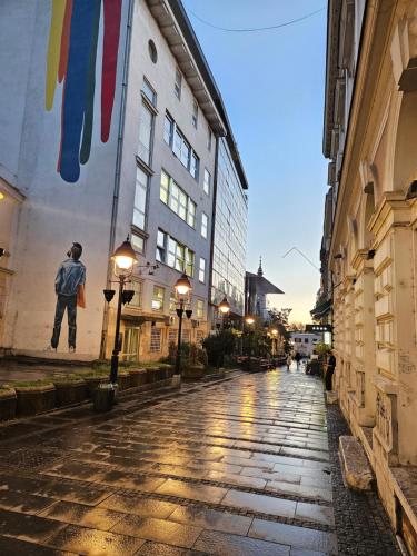 a city street with a painting of a man on a wall at Booking Apartment Rajiceva in Belgrade