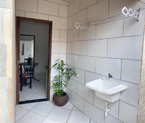 a bathroom with a sink and a potted plant at Casa para temporada, Florianópolis in Florianópolis