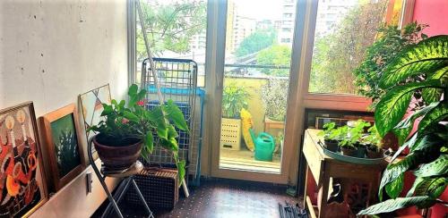 a room with a balcony with plants and a window at Room with a view in Berlin