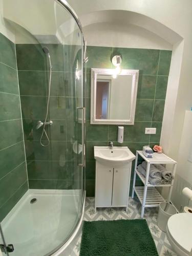 uma casa de banho verde com um chuveiro e um lavatório em Studio Rynek 32 em Jawor