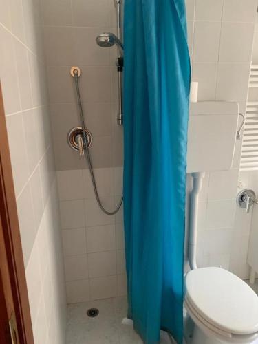 a bathroom with a toilet with a blue shower curtain at Casa Neve in Sestriere