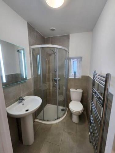 a bathroom with a shower and a toilet and a sink at Beautiful 3 bed house in Hartford in Hartford