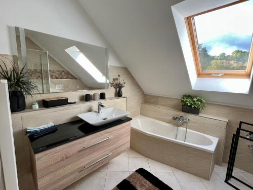 uma casa de banho com um lavatório, uma banheira e uma janela em Fewo Judith em Freital