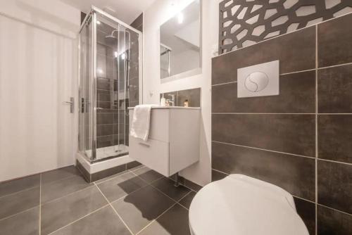 La salle de bains est pourvue de toilettes et d'une douche en verre. dans l'établissement Annecy Centre - L'Ancolie -, à Annecy
