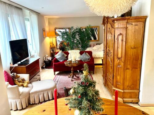 a living room with a christmas tree in it at Romantic Space in Nussbaumen