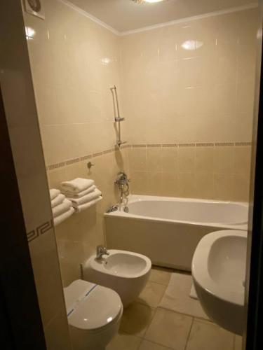 a bathroom with a toilet and a tub and a sink at Vilni Vitry in Osmoloda