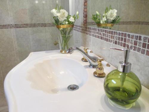 a bathroom sink with a green soap dispenser and flowers at Angelo di Caneva in Chacras de Coria