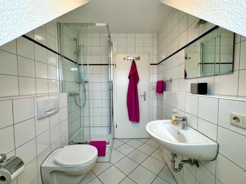 a bathroom with a sink and a toilet and a shower at Ferienwohnung in Buchen - Pure Entspannung im Odenwald in Buchen