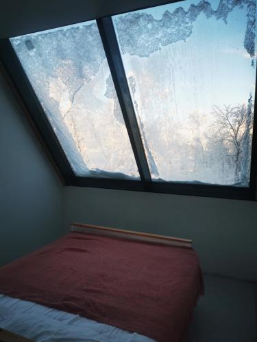 a window in a room with a bed in front of it at Aurora View Lapland, Sky View Bedroom & Jacuzzi in Kilpisjärvi