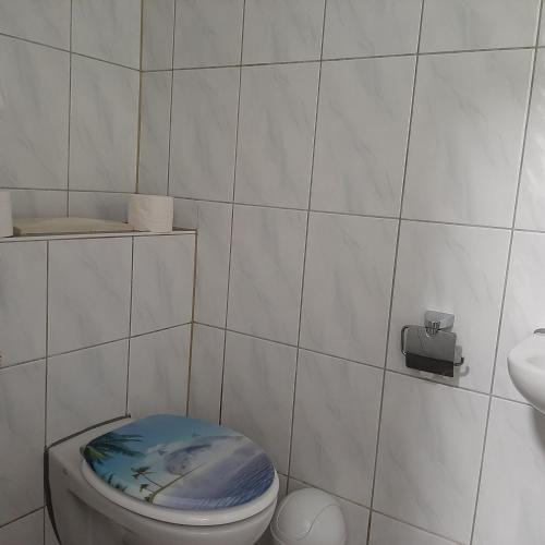 baño con aseo y asiento azul en Ferienhaus Hostel Zimmer Appartment in Thüringen en Schwallungen