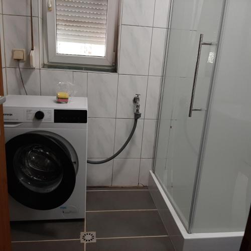 a bathroom with a washing machine and a window at Ferienhaus Hostel Zimmer Appartment in Thüringen in Schwallungen