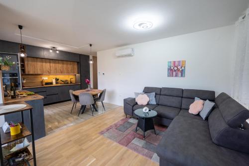 uma sala de estar com um sofá e uma cozinha em Apartman Nebo - Pogled na Stari Grad i Minizoo besplatne ulaznice - Free tickets em Ðurđevac