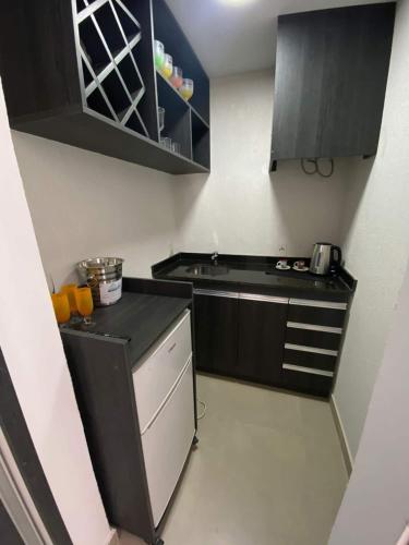 uma pequena cozinha com armários pretos e um lavatório em Hab. Penthouse y Terraza Privada Tango em San Bernardino