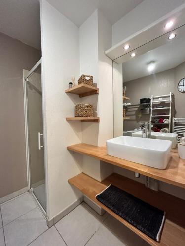 une salle de bain avec un lavabo et un miroir dans l'établissement « Terrasse Monticelli » by les Clefs de Charlotte, à Vitrolles