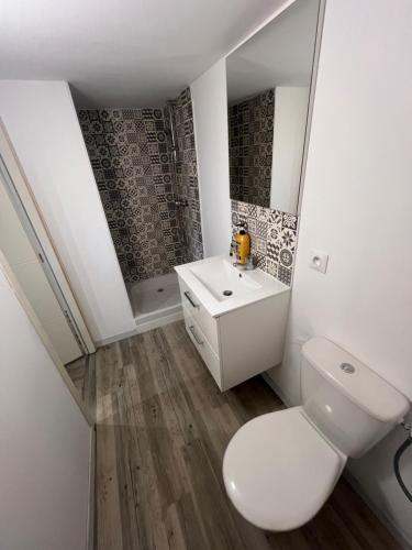 une salle de bain blanche avec des toilettes et un lavabo dans l'établissement Appartement cosy proche gare, à Toulouse