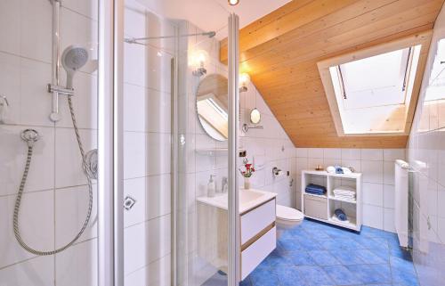 a bathroom with a shower and a sink and a toilet at Hochgallinger Hof - Der Reiterhof für Groß und Klein in Siegsdorf