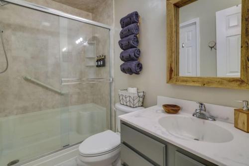 a bathroom with a shower and a toilet and a sink at Mango Mountain House Pocono in Albrightsville