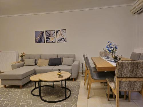 a living room with a couch and a table at Pilea Comfy Home in Thessaloniki