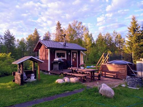 a small cabin with a picnic table and a grill at Tunnelmallinen talo Haukiputaalla. in Oulu
