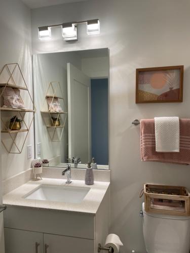a bathroom with a sink and a mirror and a toilet at Seahorse 316 in Sarasota
