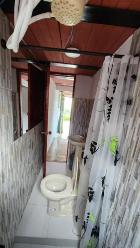 a bathroom with a toilet and a shower curtain at Carpe Diem in Guatavita