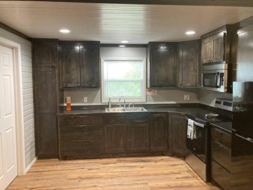 uma cozinha com armários de madeira escura e um lavatório em Lobo Lake Cabin em Cisco