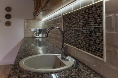 a bathroom with a sink and a brick wall at CASA SPERANTA in Cugir