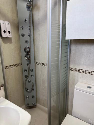 a bathroom with a shower and a toilet and a sink at Apartamento Gran Vía - PARKING GRATIS in Salamanca