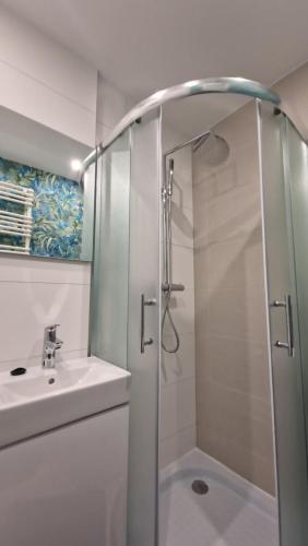 a bathroom with a shower and a sink at Apartament Poselska in Legnica