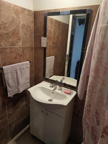 a bathroom with a sink and a mirror at Villa Azul in Buenos Aires