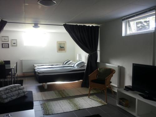 1 dormitorio con 1 cama y TV en Lägenhet Lillisgården, en Vallåkra