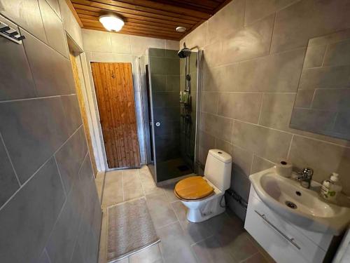 a bathroom with a toilet and a shower and a sink at Villa Trollbäcken med bastu, värmegolv, öppen spis in Tyresö