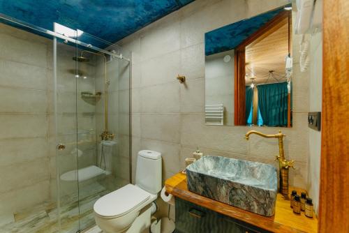 uma casa de banho com um lavatório, um WC e um chuveiro em wanderholic em Telavi