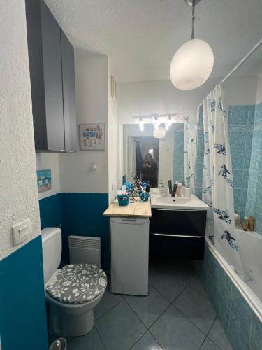 a bathroom with a sink and a toilet and a mirror at Mandelieu centre -Les Hauts de Lérins in Mandelieu-la-Napoule