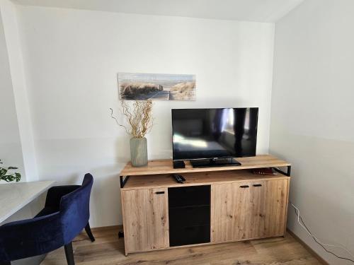 una TV su un supporto in legno in una stanza di soba v Pekrski vili a Limbuš