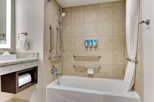 a bathroom with a tub and a shower with a sink at Drury Plaza Hotel St. Paul Downtown in Saint Paul