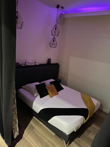 1 dormitorio con 1 cama con techo púrpura en Love room borabora 3 en Trévoux