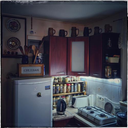 a kitchen with a white refrigerator and a stove at Cinderella Guitars in Czartoria