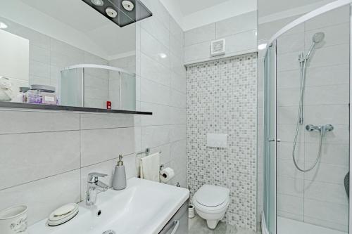 ein Badezimmer mit Toilette, Waschbecken und Dusche in der Unterkunft Apartments by the sea Kneza, Korcula - 21863 in Pupnat